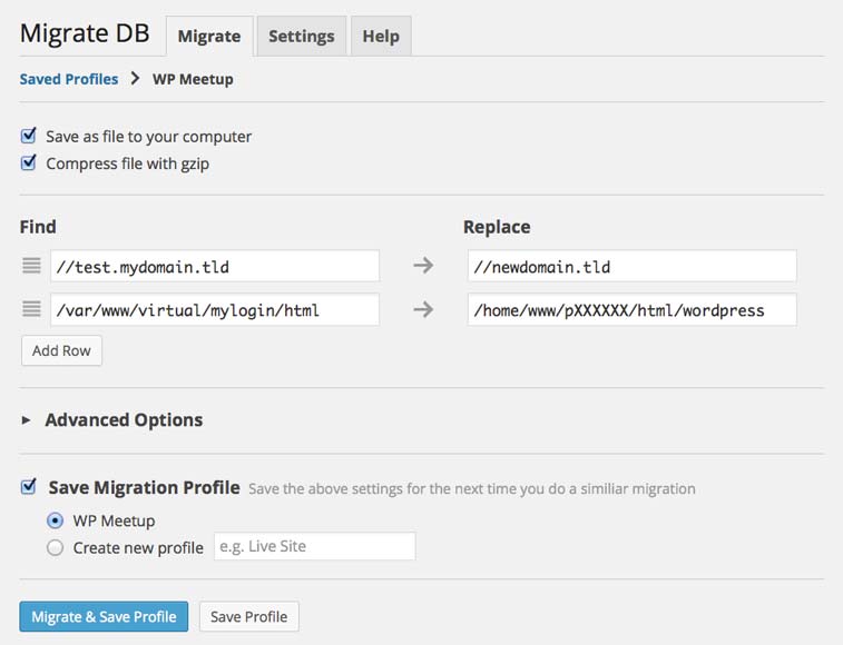 Screenshot WP Migrate DB